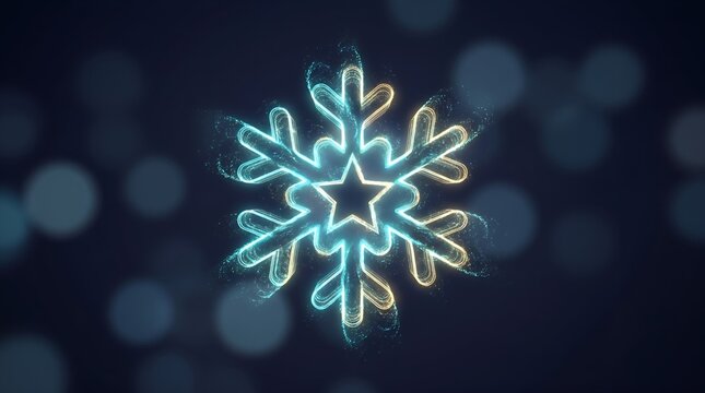 Glowing neon snowflake with star center, blue winter ice crystal illustration, magical holiday light effect on dark bokeh background