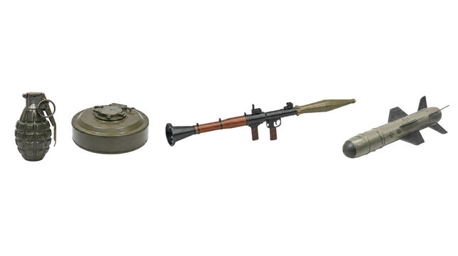 Set of military combat weapons including hand grenade, landmine, rocket launcher, and missile, concept of army equipment and warfare hazards isolated on transparent background.
