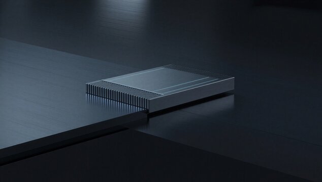 Compact edge server on a dark surface, showing local data processing, low latency computing, and secure digital infrastructure in a minimal setting.