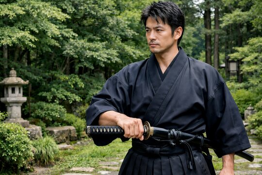 集中して日本刀を構える日本人男性が日本庭園に立つ