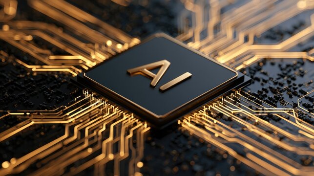 AI Chip with Golden Circuits: A close-up view of an AI chip, intricately connected to glowing golden circuits, symbolizing advanced technology and artificial intelligence.