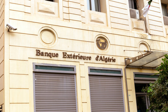 Sign Bank of Foreign Trade of Algeria, BEA, on facade of the building. Oran. Republic of Algeria