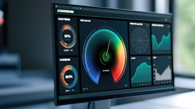 Futuristic AI Dashboard: A modern computer monitor displays a sophisticated artificial intelligence dashboard featuring colorful gauges, charts, and data visualization.