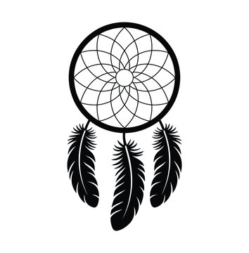 Black dream catcher symbol illustration, intricate circular web with hanging feathers, spiritual boho decoration for meditation, tattoo and cultural design.