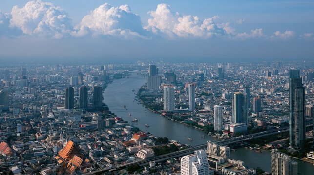 Bangkok Skyline Panorama: An expansive aerial view captures the sprawling cityscape of Bangkok.