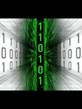 Digital Stream of Consciousness: A surreal visual representation of data flow, with binary code in vibrant green and monochromatic tones creating a sense of depth and technological advancement.