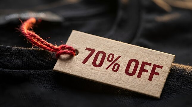Retail 70% OFF price tag on black clothing, cardboard discount label with red string, seasonal clearance sale promotion