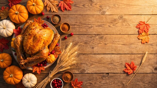 Roasted Thanksgiving turkey on rustic wooden table, autumn harvest background with pumpkins and fall leaves, festive holiday dinner flat lay
