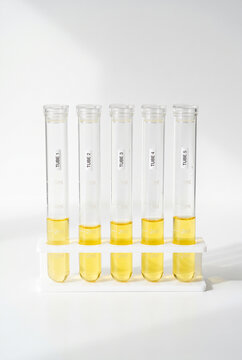 Transparent laboratory test tubes with small amounts of yellow liquid, white background, scientific concept. Close-up.