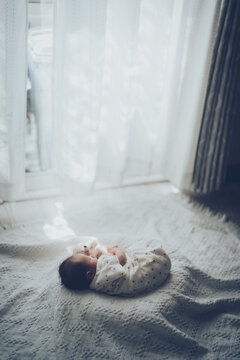 テディベアを抱いて眠る新生児