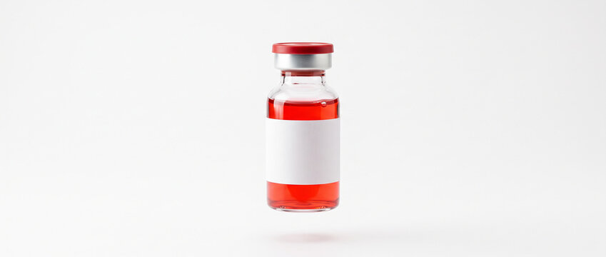 Floating transparent medical glass vial with vivid red liquid, white background, sterile pharmaceutical packaging design, minimal clinical product. Close-up.