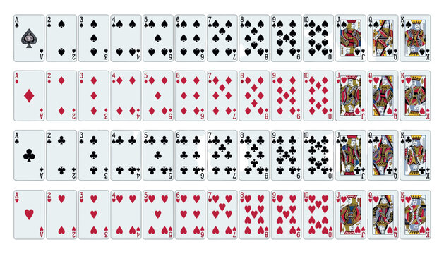 Full standard deck of fifty two playing cards vector set showing aces face cards numbers and suits