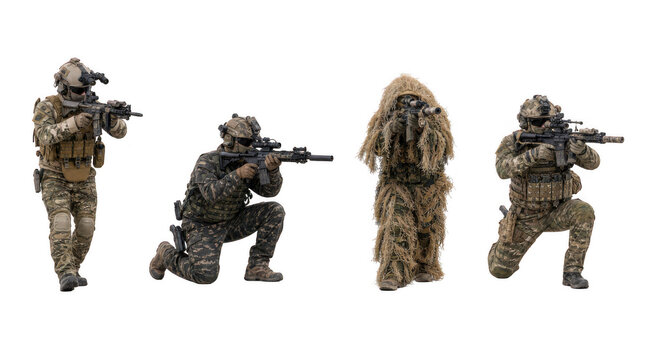 Set of tactical special forces soldiers in camouflage gear holding assault rifles including ghillie suit sniper, concept of military operations and army combat isolated on transparent background.
