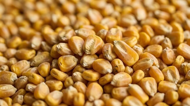 Full frame background of harvested dry golden corn seeds texture for feed supply and agricultural concept