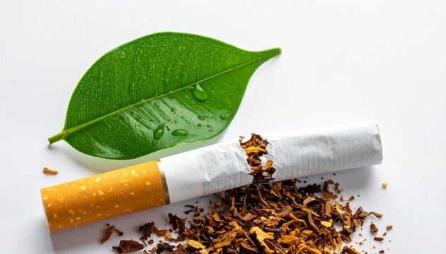 Broken cigarette with green leaf for stop smoking and healthy lifestyle concept