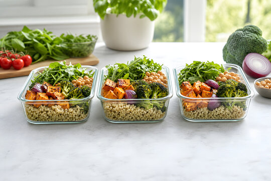 Healthy meal prep containers with vegetables and grains on counter