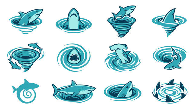 Stylized shark fin and whirlpool water icons
