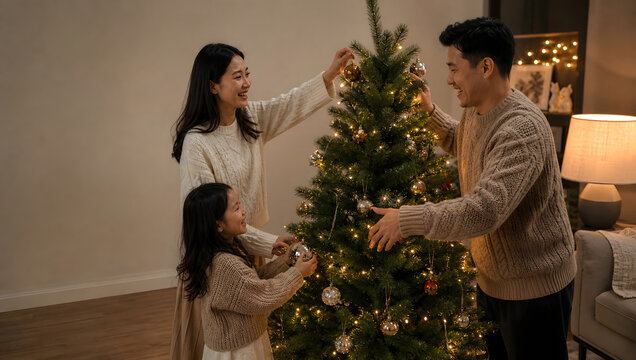 Asian family decorating a Christmas tree together at home