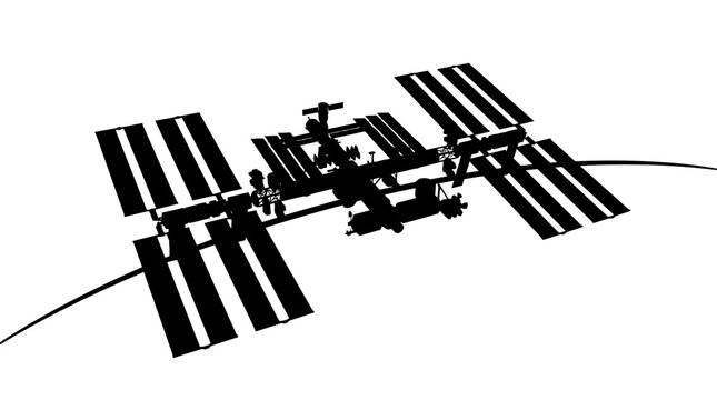 Detailed international space station silhouette floating against bright white background capturing realistic orbiting orbital station structure