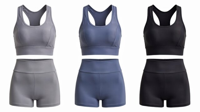 Three sets of womens athletic sports bras and matching shorts isolated on white background