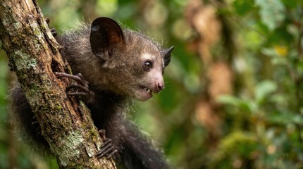 Naklejka premium Aye-aye primate with large ears and sharp teeth clings to a mossy tree branch