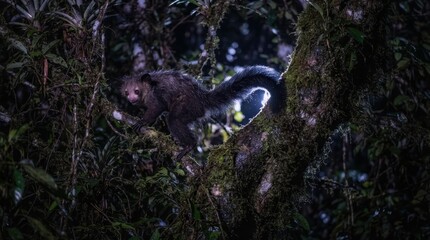 Naklejka premium Aye-aye primate with large eyes and bushy tail perched on a mossy tree branch at night