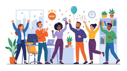 Fototapeta premium Successful Team Celebrating Victory, Award Ceremony, Office Party, Confetti, Happiness