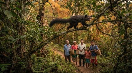 Naklejka premium Aye-aye primate and local people in a lush rainforest environment