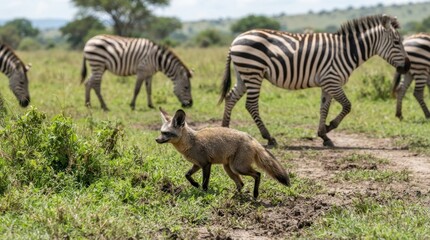 Naklejka premium Bat-eared fox walks past zebras in the African savanna landscape