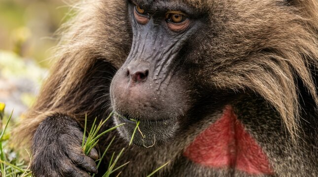 Close-up portrait of a Gelada monkey eating grass in its natural habitat