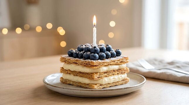 Delicious layered crepe cake decorated with fresh blueberries and a single candle on top