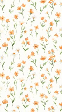 Delicate watercolor orange wildflower and green leaf seamless botanical pattern.