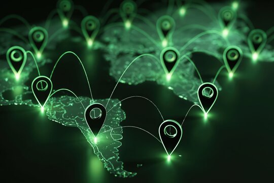 Location pins connect an abstract digital world map, representing global data, logistics, communication, and technological networks