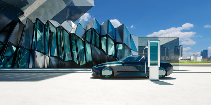 3d rendering electric vehicle charging at modern futuristic station