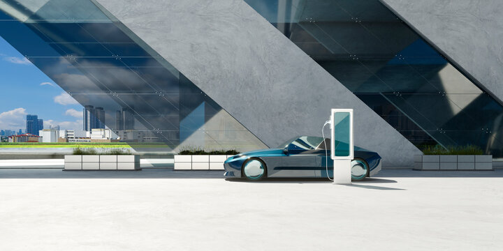 3d rendering electric vehicle charging at modern urban station