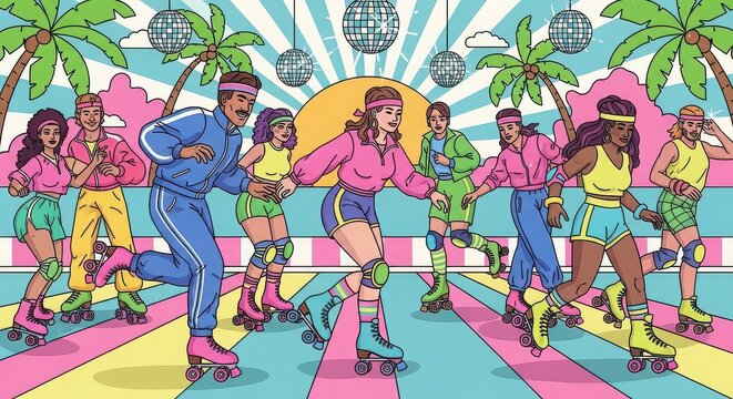 Vibrant group roller skating under palm trees and disco balls in colorful.
