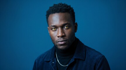 Fototapeta premium Portrait of a Man with Yellow Eyes Against Blue Background