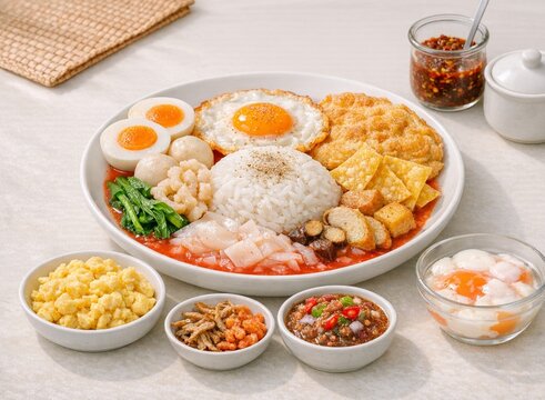 A hearty Thai rice platter served with a variety of toppings like fried eggs, boiled eggs, fried wontons, tofu, fish balls, and dried shrimp and fish.