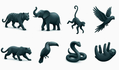 Naklejka premium 3D Jungle Animals Silhouette Collection Tiger Monkey Elephant Parrot Wildlife Vector Illustration