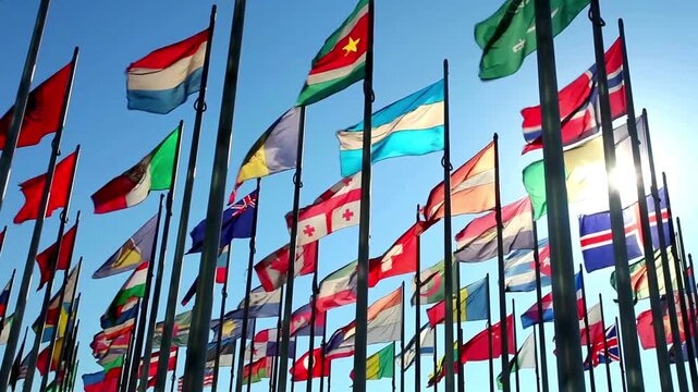 International flags waving against a clear blue sky