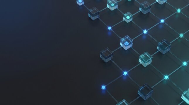 Abstract digital network matrix with illuminated glass blocks and glowing signal nodes