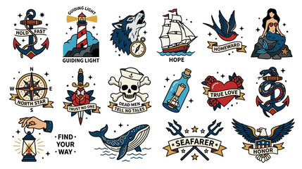 Obraz premium Nautical Tattoo Flash Sheet: Anchors, Ships, Mermaid, Wolf, Eagle, Whale, Compass
