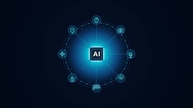 Artificial Intelligence network concept with futuristic glowing icons surrounding a central AI symbol on a dark blue digital background
