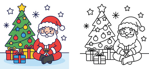 Fototapeta premium Cute cartoon Santa Claus with decorated Christmas tree and gifts, colored illustration and black and white coloring page outline for kids holiday activity book