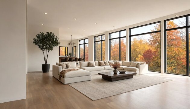 Modern luxury living room interior with large windows overlooking autumn forest view