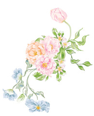 Fototapeta premium Watercolor pink peony and blue forget-me-not bouquet with delicate green leaves