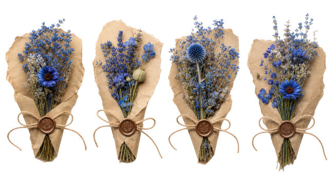 Set of dried blue flower bouquets wrapped in kraft paper with twine and wax seals, concept of rustic floral decor and vintage romance isolated on transparent background.