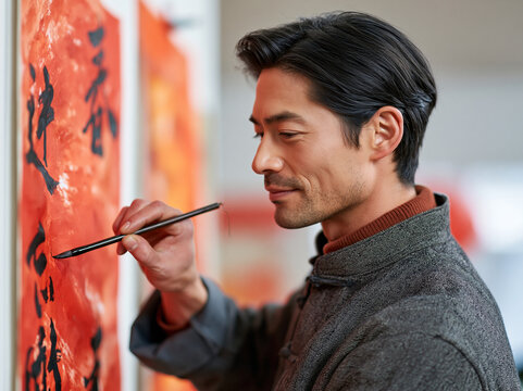 Asian Man Writing Traditional Chinese Calligraphy for New Year Celebration