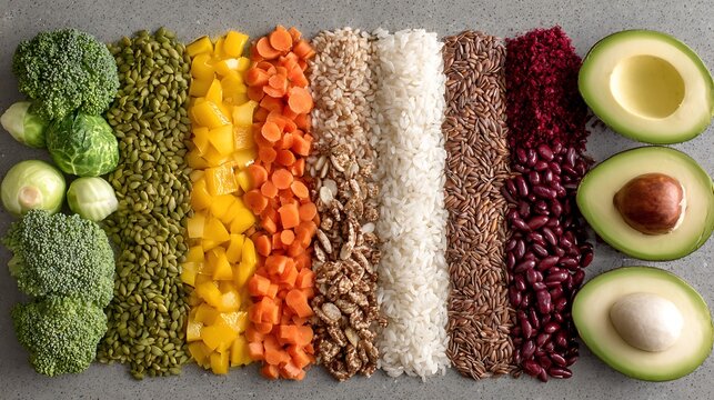 Fresh vegetables, grains, and seeds arranged in vibrant parallel vertical rows. Perfect for a healthy food, diet, and nutrition lifestyle photography concept.