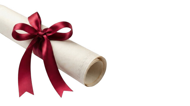 Old rolled paper scroll tied with a beautiful elegant dark red silk ribbon bow for a celebration or special award isolated on transparent background